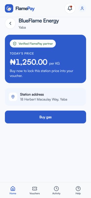 FlamePay customer app purchase screen