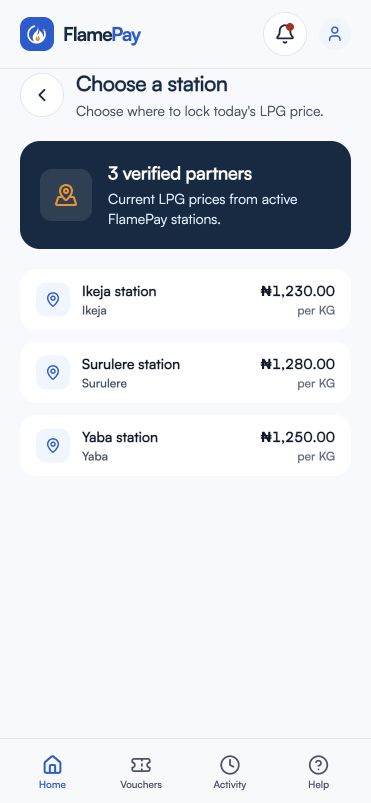 FlamePay customer app station selection screen